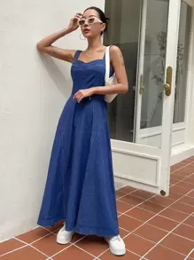 DAZY 女士束腰长吊带连衣裙，优雅休闲牛仔连衣裙，性感 - 深色水洗藍 - 查看 2