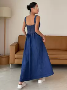 DAZY 女士束腰长吊带连衣裙，优雅休闲牛仔连衣裙，性感 - 深色水洗藍 - 查看 4