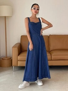 DAZY 女士束腰长吊带连衣裙，优雅休闲牛仔连衣裙，性感 - 深色水洗藍 - 查看 8