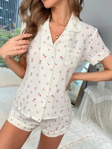 Ditsy Floral Print PJ Set - Beige - View 4