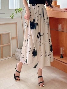 DAZY Graphic Print Elastic Waist Flared Skirt - Apricot - View 2