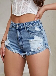 破洞毛邊牛仔短褲 - 深色水洗藍 - 查看 1