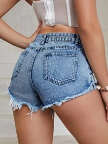 破洞毛邊牛仔短褲 - 深色水洗藍 - 查看 2