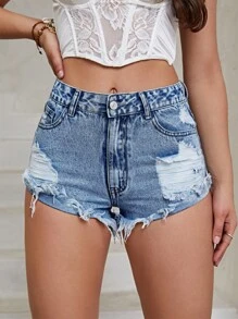 破洞毛邊牛仔短褲 - 深色水洗藍 - 查看 3