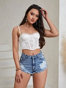 破洞毛邊牛仔短褲 - 深色水洗藍 - 查看 5