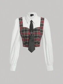 SHEIN MOD Plaid Print Crop Shirt With Tie - Multicolor - View 1
