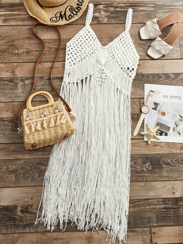 SHEIN Swim BohoFeel Fringe Hem Crochet Cover Up SHEIN USA