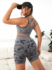 Plus Camo Print Contrast Binding Sports Set - Black - View 2