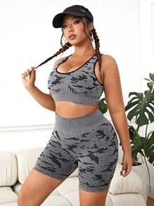 Plus Camo Print Contrast Binding Sports Set - Black - View 4