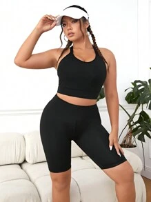 Yoga Basic Plus Solid Sports Set, Biker Shorts And Bra - Black - View 4