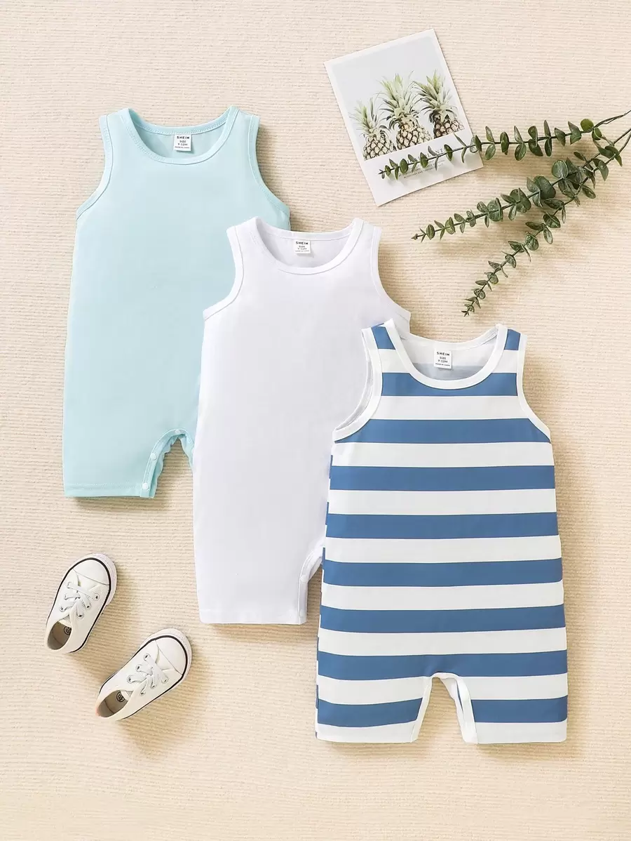 SHEIN Vintaside Kids 嬰兒男孩3入組條紋吊帶連體褲 - 藍白色 - 查看 1