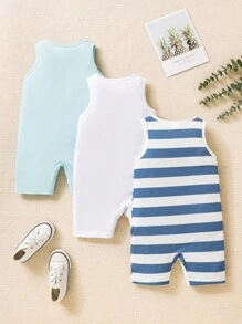 SHEIN Vintaside Kids 嬰兒男孩3入組條紋吊帶連體褲 - 藍白色 - 查看 2