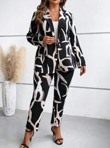 SHEIN LUNE Plus Allover Print Blazer & Pants Without Cami Top - Multicolor - View 1
