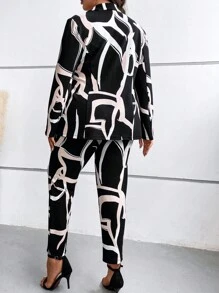 SHEIN LUNE Plus Allover Print Blazer & Pants Without Cami Top - Multicolor - View 2