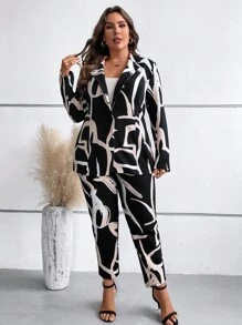 SHEIN LUNE Plus Allover Print Blazer & Pants Without Cami Top - Multicolor - View 3