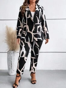 SHEIN LUNE Plus Allover Print Blazer & Pants Without Cami Top - Multicolor - View 4