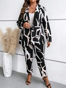SHEIN LUNE Plus Allover Print Blazer & Pants Without Cami Top - Multicolor - View 5