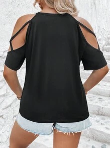 SHEIN LUNE 大碼交叉挖肩T恤 - 黑色 - 查看 2