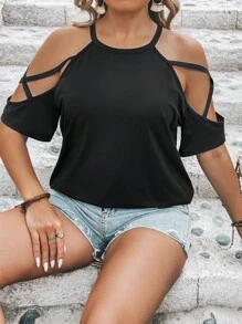 SHEIN LUNE 大碼交叉挖肩T恤 - 黑色 - 查看 4