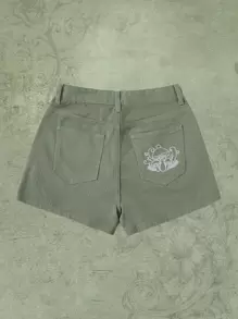 ROMWE Fairycore 蘑菇刺繡牛仔短褲 - 軍綠色 - 查看 1