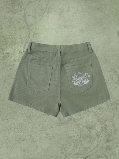 Fairycore شورت دنيم مطرز بالفطر