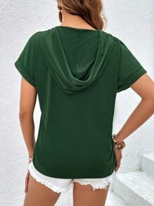SHEIN Frenchy 半排扣蝙蝠袖抽繩連帽T恤 - 墨綠色 - 查看 2