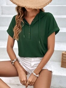 SHEIN Frenchy 半排扣蝙蝠袖抽繩連帽T恤 - 墨綠色 - 查看 1