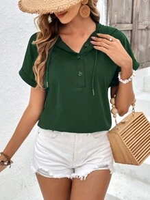 SHEIN Frenchy 半排扣蝙蝠袖抽繩連帽T恤 - 墨綠色 - 查看 6