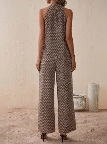 SHEIN VCAY 滿版印花吊脖襯衫和闊腿褲 - 棕色 - 查看 3