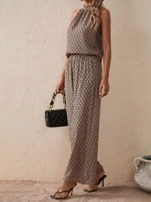 SHEIN VCAY 滿版印花吊脖襯衫和闊腿褲 - 棕色 - 查看 6