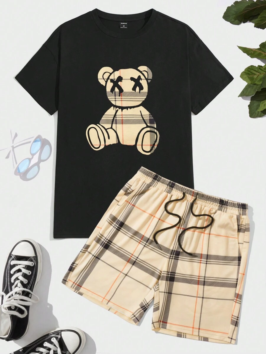 Manfinity VCAY Men Plaid & Bear Print Short Sleeve Casual Tee & Drawstring Waist Shorts, Color Block, Friends - Black - View 1