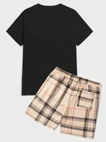 Manfinity VCAY Men Plaid & Bear Print Short Sleeve Casual Tee & Drawstring Waist Shorts, Color Block, Friends - Black - View 2
