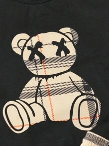 Manfinity VCAY Men Plaid & Bear Print Short Sleeve Casual Tee & Drawstring Waist Shorts, Color Block, Friends - Black - View 5