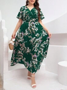 Mulvari 大碼印花蝴蝶袖繫腰帶連衣裙 - 墨綠色 - 查看 1