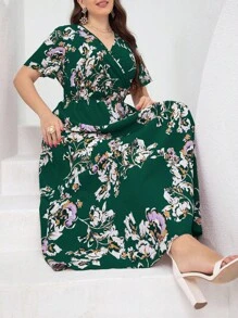 Mulvari 大碼印花蝴蝶袖繫腰帶連衣裙 - 墨綠色 - 查看 3