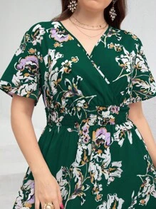 Mulvari 大碼印花蝴蝶袖繫腰帶連衣裙 - 墨綠色 - 查看 5