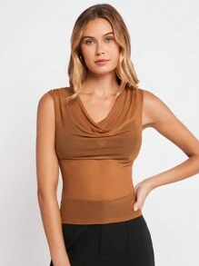 BizChic cổ áo xếp nếp Lưới Áo ba lỗ Không có áo ngực Trang phục làm việc - màu nâu - Xem 1