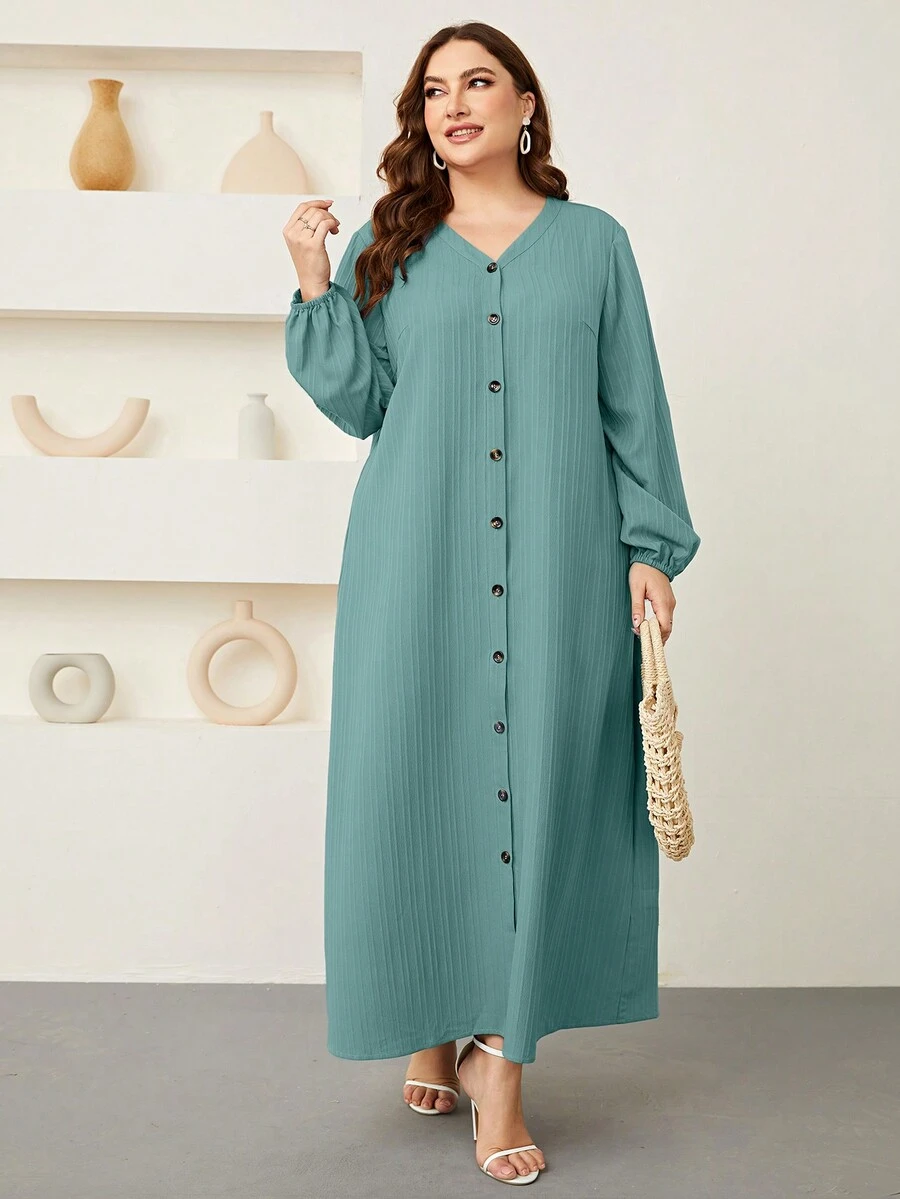 Mulvari Plus Lantern Sleeve Button Front Dress - Mint Blue - View 1