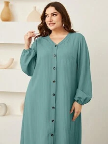 Mulvari Plus Lantern Sleeve Button Front Dress - Mint Blue - View 3