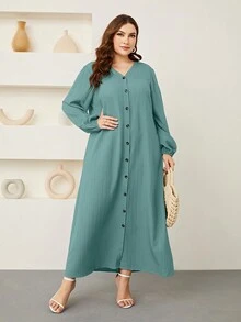 Mulvari Plus Lantern Sleeve Button Front Dress - Mint Blue - View 5