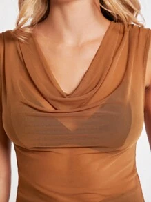 BizChic cổ áo xếp nếp Lưới Áo ba lỗ Không có áo ngực Trang phục làm việc - màu nâu - Xem 6