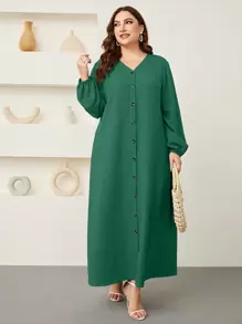 Mulvari 大碼燈籠袖前紐扣連衣裙 - 綠色 - 查看 1