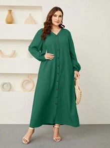 Mulvari 大碼燈籠袖前紐扣連衣裙 - 綠色 - 查看 5