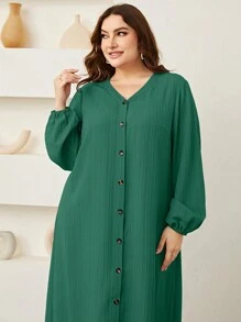 Mulvari 大碼燈籠袖前紐扣連衣裙 - 綠色 - 查看 7