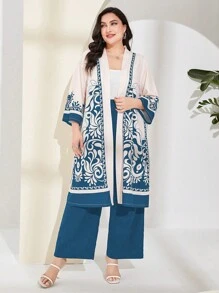 Al Najma Plus Graphic Print Open Front Coat & Wide Leg Trousers - Dusty Blue - View 1