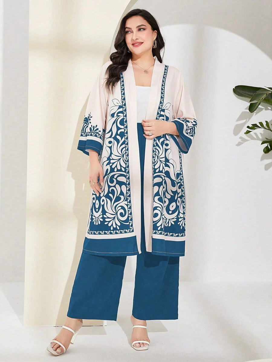 Al Najma Plus Graphic Print Open Front Coat & Wide Leg Trousers - Dusty Blue - View 1