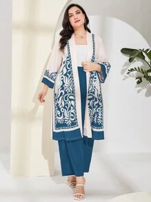 Al Najma Plus Graphic Print Open Front Coat & Wide Leg Trousers - Dusty Blue - View 4