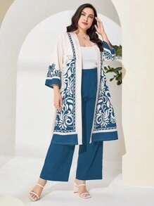 Al Najma Plus Graphic Print Open Front Coat & Wide Leg Trousers - Dusty Blue - View 5
