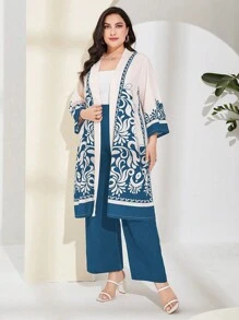 Al Najma Plus Graphic Print Open Front Coat & Wide Leg Trousers - Dusty Blue - View 6