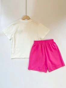 Teen Girl Heart Print Tee & Letter Graphic Shorts Set